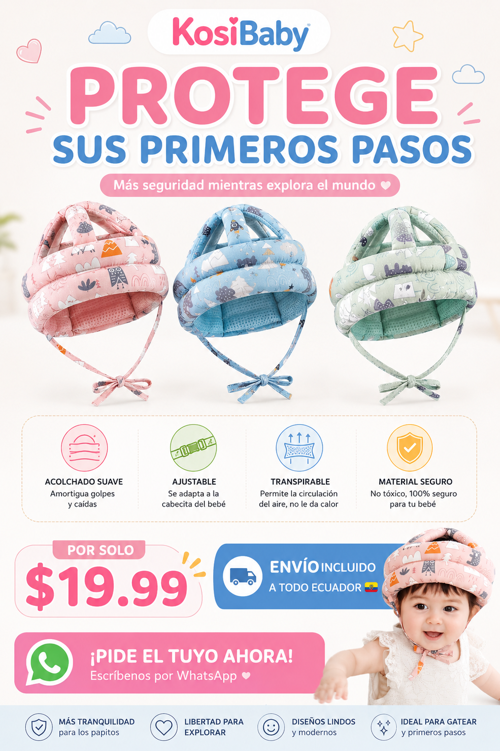 Casco de Gateo KosiBaby — Protección Suave para los Primeros Pasos de tu Bebé 🛡️