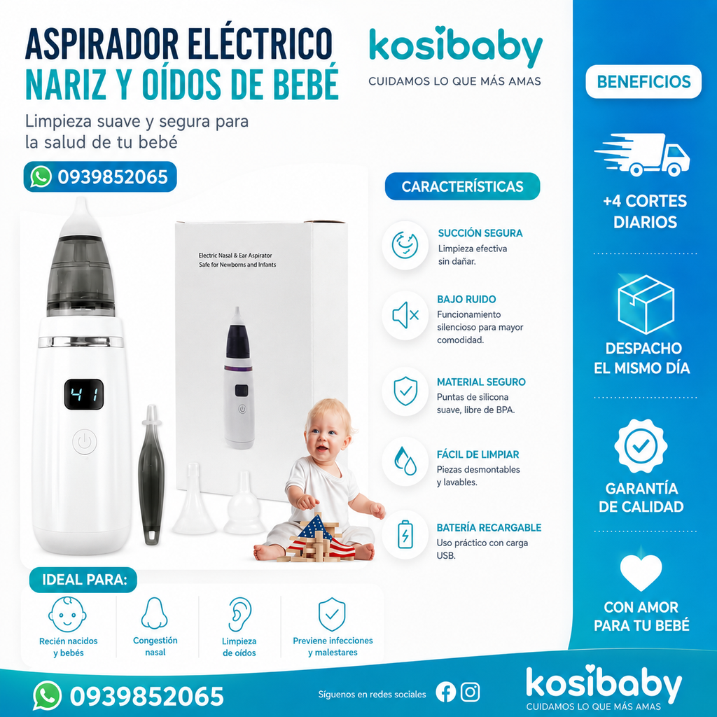 Aspirador Eléctrico Nariz y Oídos para Bebé KosiBaby — Limpieza Suave y Sin Dolor 🩺