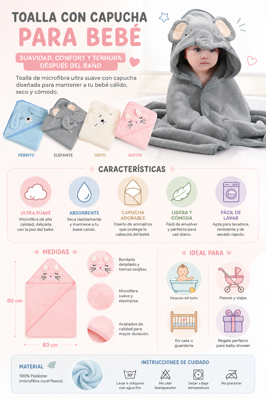 Toalla Capa para Bebé con Orejas de Animal — Suave y Abrigadora 🐭