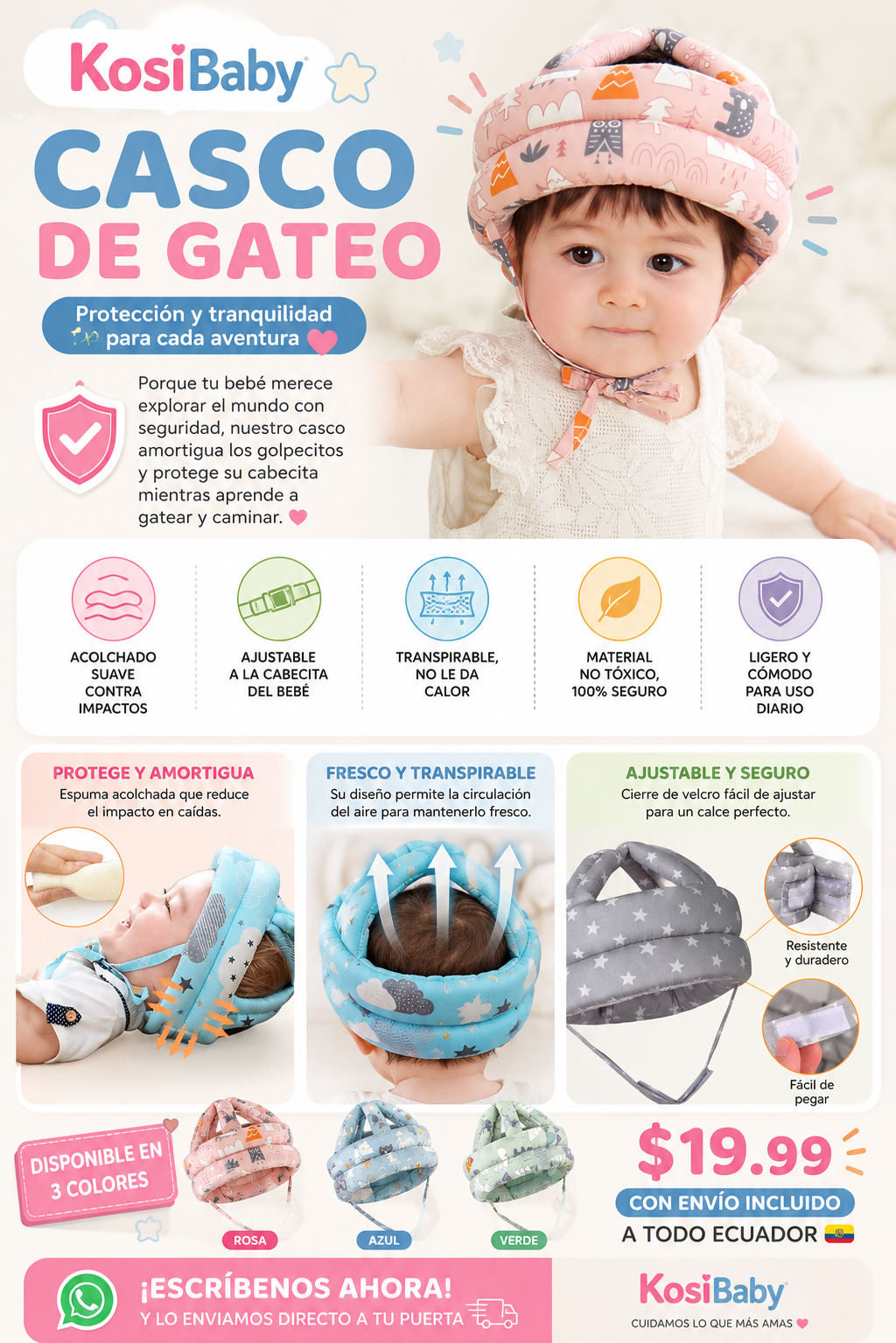 Casco de Gateo KosiBaby — Protección Suave para los Primeros Pasos de tu Bebé 🛡️